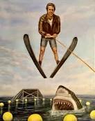 Fonzie jumps the shark from Happy Days. Henry Winkler jumped the shark.  Artist signed print. Multiple variations, handmade.